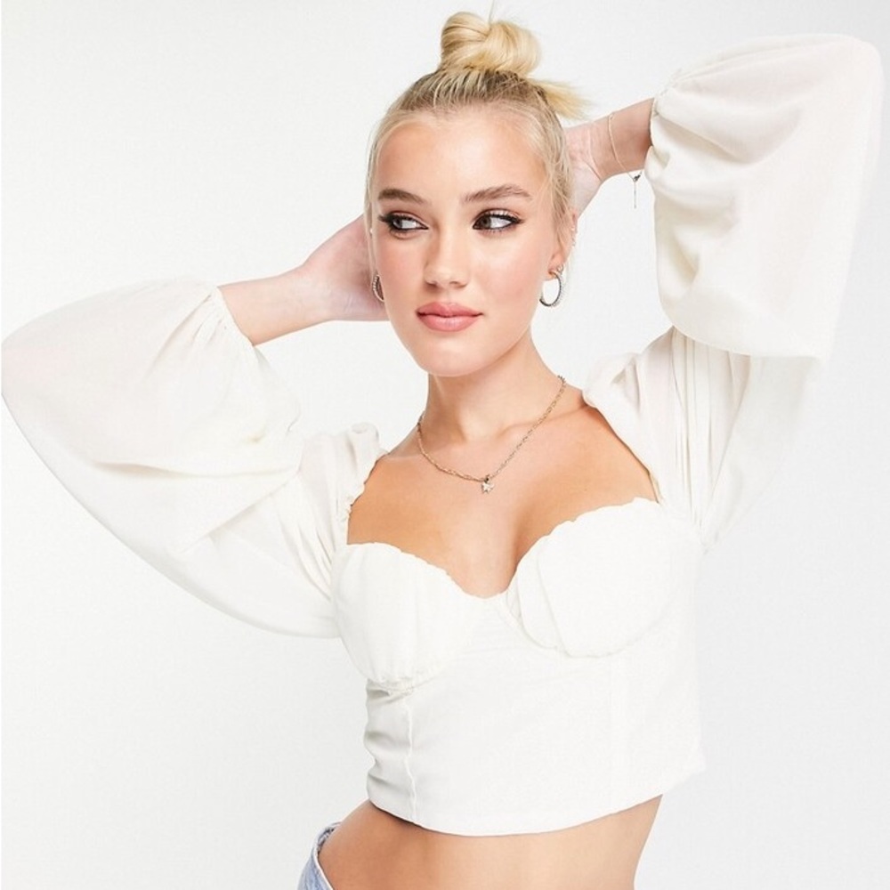 ASOS Saint Genies volume sleeve corset detail crop top in cream.